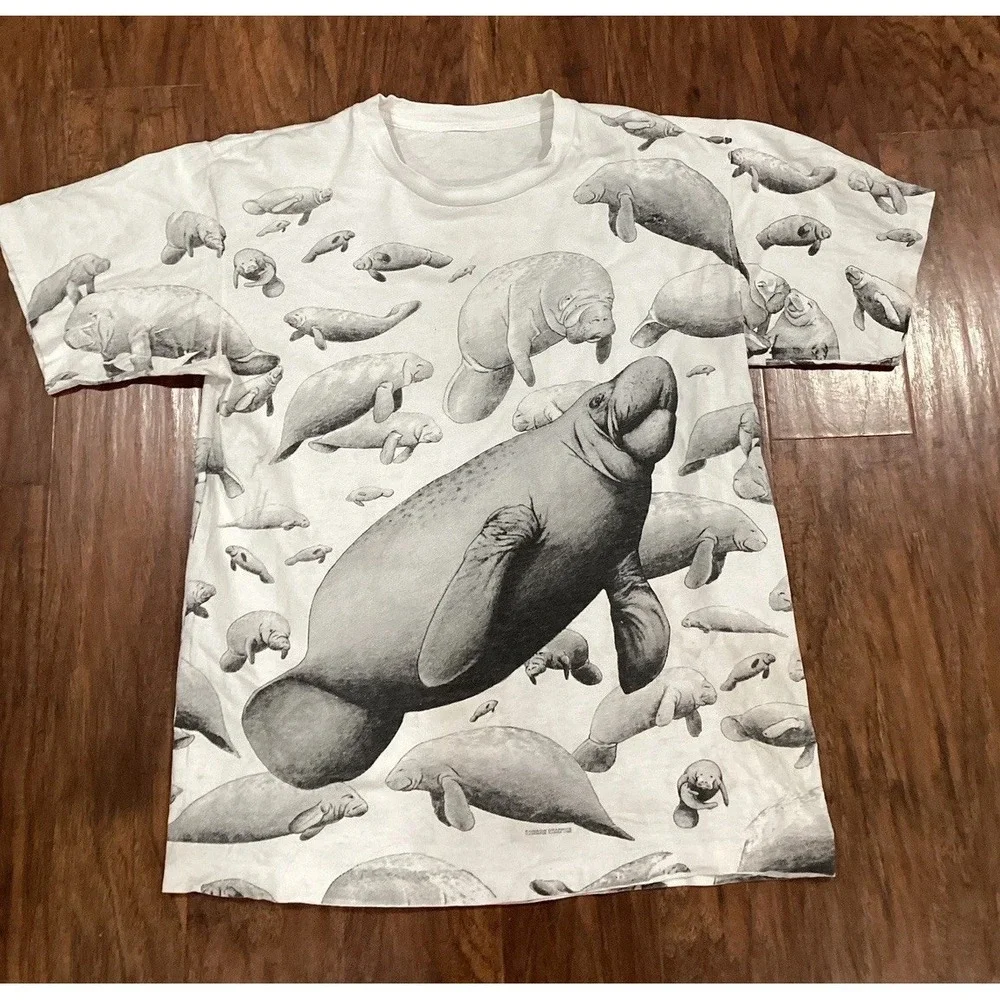 Vintage Manatee All Over Print Tshirt 1993 Size Skate Indie Single Stitch AOP
